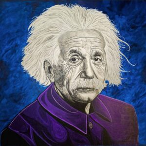 ALBERT EINSTEIN NA TMAVOMODROM POZADÍ